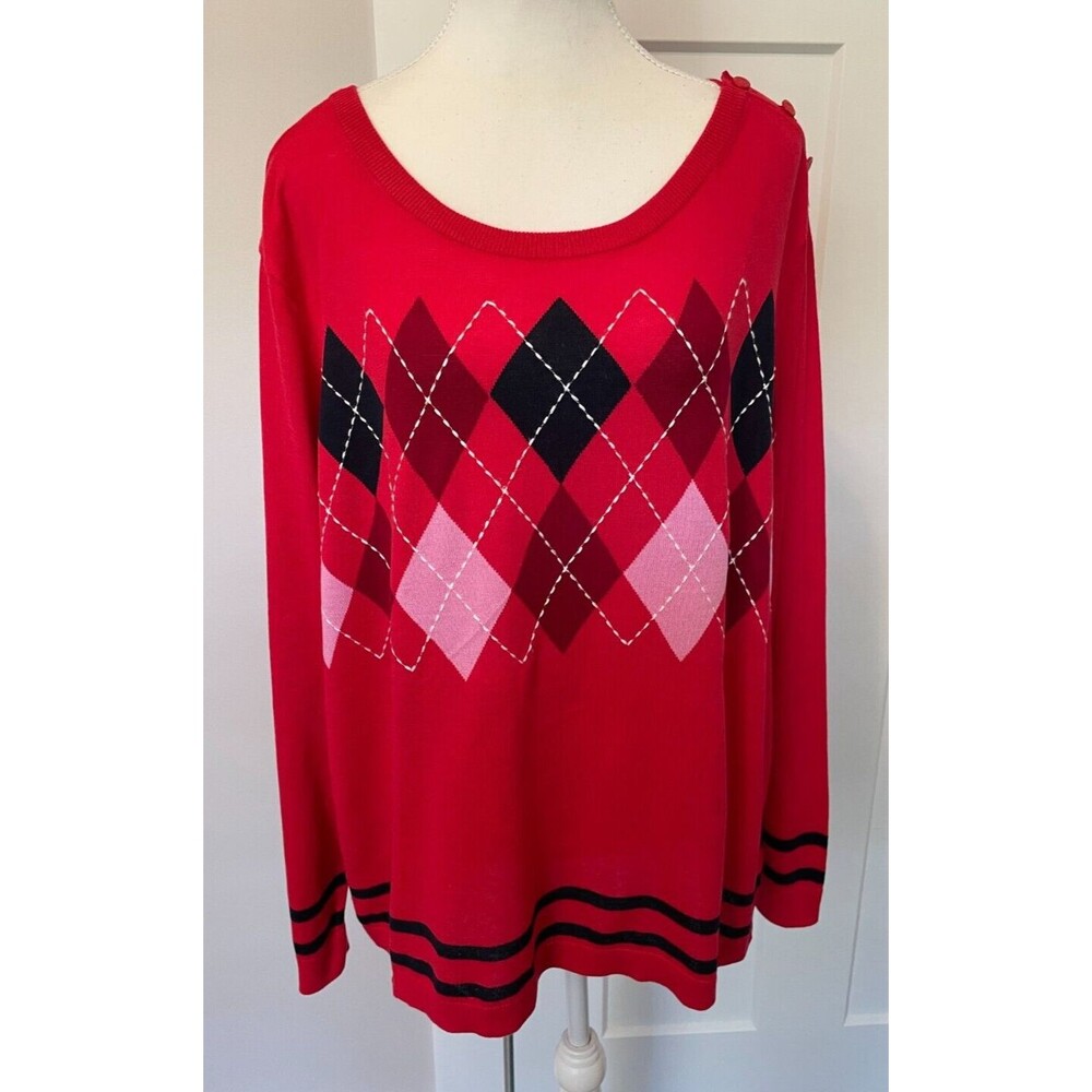 TALBOTS Womens SWEATER Long Sleeve RED Black Pink ARGYLE Size 3XP